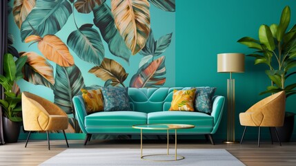 Cozy Living Room Interior with Chair and Turquoise Sofa AI Generated