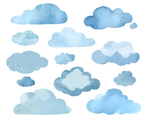 Obraz premium A watercolor cloud set design in a soft blue color illustration. Dark rainy clouds collection vector.