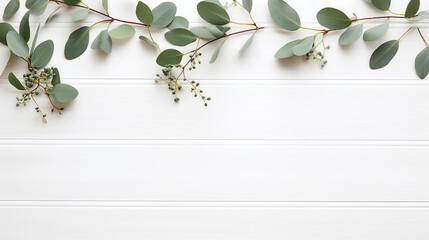 eucalyptus branches and leaves on wooden rustic white background - Powered by Adobe