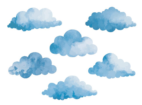 A watercolor cloud set design in a soft blue color illustration. Dark rainy clouds collection vector.