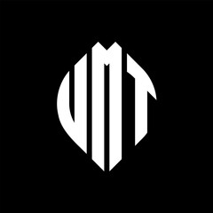 UMT circle letter logo design with circle and ellipse shape. UMT ellipse letters with typographic style. The three initials form a circle logo. UMT circle emblem abstract monogram letter mark vector.