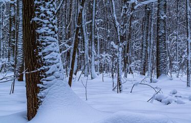 Snow drifts and snow-covered tree trunks and branches in a winter deciduous forest on a cloudy day.