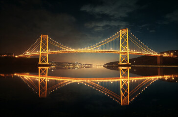 a bridge that is over water with lights on it at night time, with a reflection in the water, generative ai