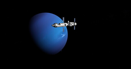 Spaceship arriving at Neptune, space mission to the unknown planet