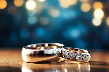 Wedding rings on bokeh. Symbol of commitment, unity. Ideal for love-themed projects, encapsulating the essence of devotion.