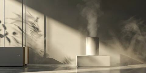 Contemporary interior design with an elegant minimalist aesthetic, a steam-emitting humidifier and beautiful shadow play on the wall.