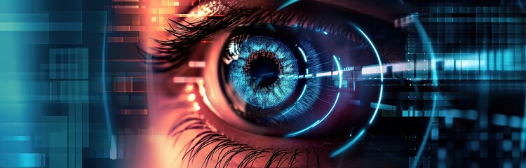 Futuristic vision - close-up of human eye with augmented reality digital graphics, representing advanced technology and artificial intelligence - obrazy, fototapety, plakaty