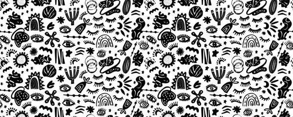 Vector seamless pattern in the form of abstract flowers, eyes, lines, stars. 