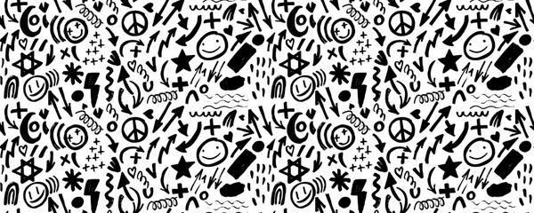 Seamless abstract geometric doodle pattern fashion 80-90s. Wavy and curly lines, dry brush stroke textured shapes. Zig zag, swirls and dots.  For used in printing, website background and fabric design