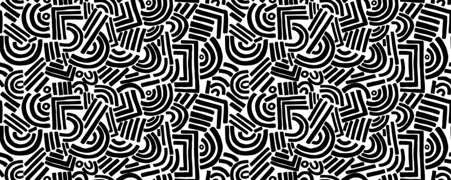 Abstract Memphis geometric shapes seamless pattern. Brush drawn bold geometric shapes, stripes,  lines, circles and dots. Abstract tech background. Hand drawn basic figures in futuristic style.