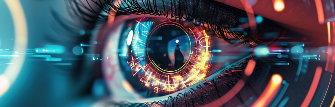 Futuristic vision - close-up of human eye with augmented reality digital graphics, representing advanced technology and artificial intelligence