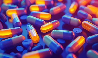 Bright collection of pills and capsules illuminated by dynamic lighting — high quality stock image - obrazy, fototapety, plakaty