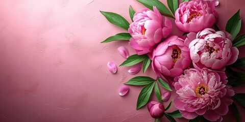 A bunch of pink flowers on a pink surface. Digital colorful wallpaper with copy-space, place for...