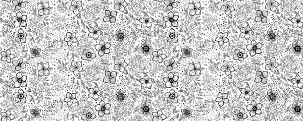Seamless floral vector pattern with silhouette rose аnd bud. Black paint illustration with abstract floral motif. Graphic hand drawn brush stroke botanical pattern.
