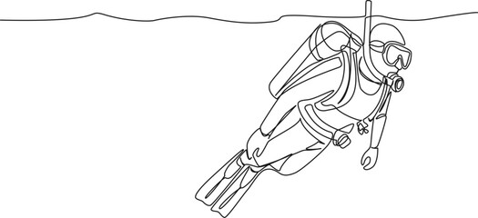 continuous single line drawing of scuba diver, line art vector illustration