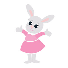 Easter bunny girl in a pink dress. Festive illustration of happy character in cartoon style isolated on white background.