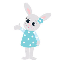 Easter bunny girl in a blue polka-dot dress. Festive illustration of happy character in cartoon style isolated on white background.