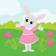 Easter bunny girl in a pink dress. The animal is in a green meadow. Illustration in cartoon style.