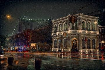 Front Street and Brooklyn Bridge in wet snow