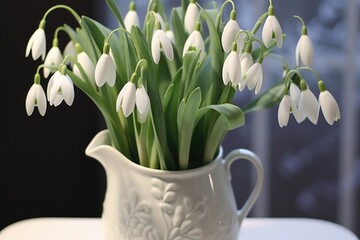 A white pitcher filled with lots of white flowers. Early spring flowers, snowdrops.