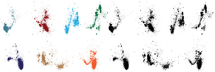 Bundle of hand-drawn splatter wheat, orange, red, black, green, purple color blood grunge brush stroke background