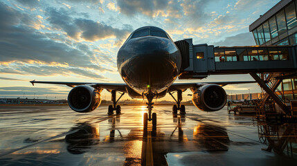Large passenger airplane parked at the gate with the sun shining in the background
 - obrazy, fototapety, plakaty