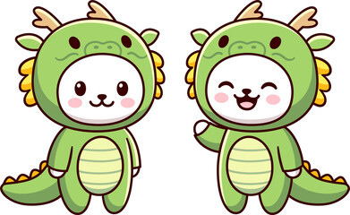 Kawaii cat character in green dragon costume. Chinese New Year animal. Cute cartoon clip art illustration.