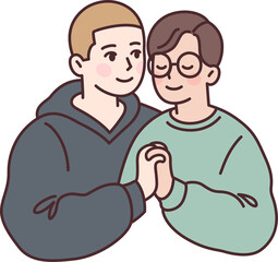 Cute young gay couple in love, two boys holding hands. Simple cartoon drawing illustration.