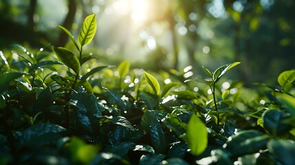 Fototapeta premium Green tea leaves on a light background, closeup. Space for text