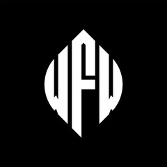 WFW circle letter logo design with circle and ellipse shape. WFW ellipse letters with typographic style. The three initials form a circle logo. WFW circle emblem abstract monogram letter mark vector.