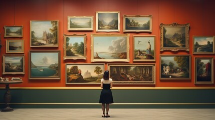 Woman visiting art gallery, looking pictures on wall at artwork museum, 16:9 - Powered by Adobe