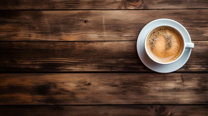 top view a cup of expresso coffee on wooden table background - obrazy, fototapety, plakaty