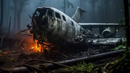 Papier Peint photo Ancien avion A large plane after a crash burning in a fire