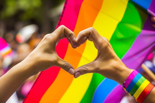 Pride Heart Hands Against Rainbow Flag.
Hands forming a heart shape over a vibrant pride flag backdrop.
