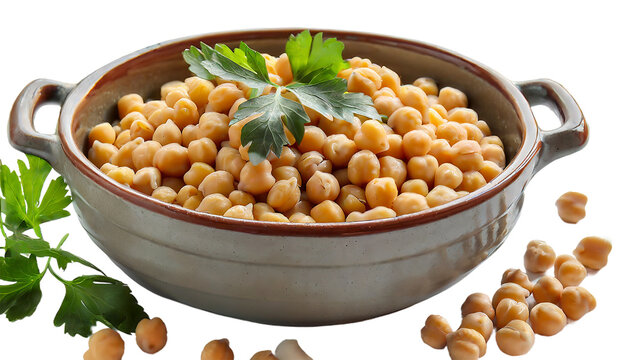 A bowl of chickpeas with parsley on transparent background