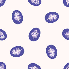 Linocut rural floral folkart seamless vector pattern for block print nature design. Icon of hand drawn quirky plant sprig illustration in tiled background for scandi naive graphic swatch.