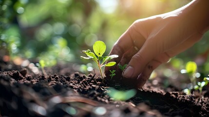 A person gently plants a young green sprout in a well-tended home garden soil, engaging in the nurturing hobby of gardening.