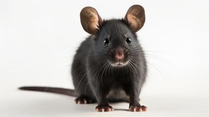 A black mouse sitting on a white surface. Laboratory animal, testing model for research.