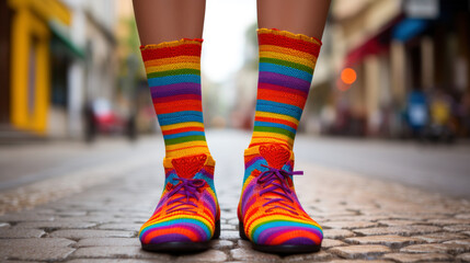 Rainbow colored socks and shoes on cobblestone street.Generative AI.
