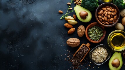 Assorted healthy fats food selection with avocado, nuts, seeds, and olive oil, with blank space for adding text or design.
