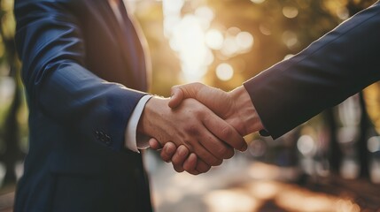 Two professional businessmen in suits engaging in a firm handshake over a sleek office desk, symbolizing a successful deal and partnership in a corporate environment. - obrazy, fototapety, plakaty