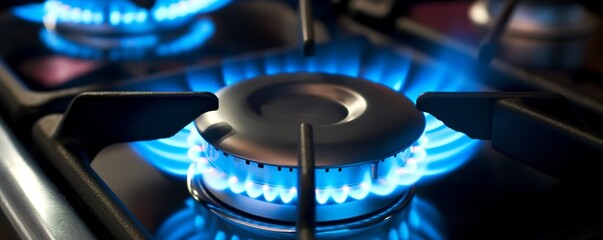 Gas stove with blue flame burning in the kitchen, near black cast iron frame. Generative AI - obrazy, fototapety, plakaty