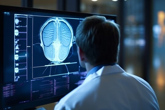 Doctor analyzing patients MRI brain scan computer tomography medical photo x-ray scanner science neurons neurology laboratory image cancer cure health healthcare medicine oncology disease analysis