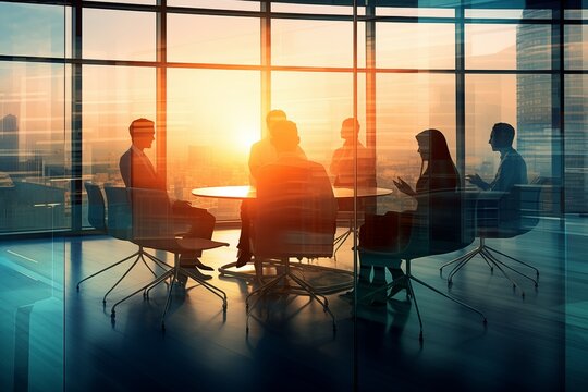 Business people sitting in a glass office are planning a business strategy, businessmen are negotiating with partners, a business meeting, the process of office work with company employees.