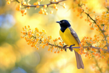Obraz premium A bird gracefully perched on a flowering acacia branch