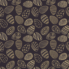 Hand drawn seamless pattern with many golden lined easter eggs with different dots, waves, lines.Easter party ornament background on grey violet