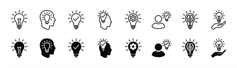 Idea icon set. Creative, solution, Innovation, thinking, and strategy icons. Idea lamp bulb symbol. Vector illustration - obrazy, fototapety, plakaty