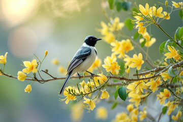 Obraz premium A bird gracefully perched on a flowering acacia branch