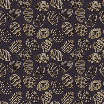 Hand drawn seamless pattern with many golden lined easter eggs with different dots, waves, lines.Easter party ornament background on grey violet