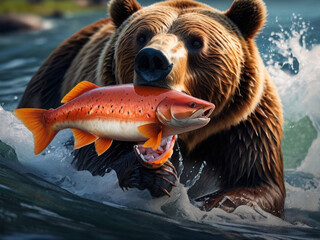 A brown bear is catching fish in the water.